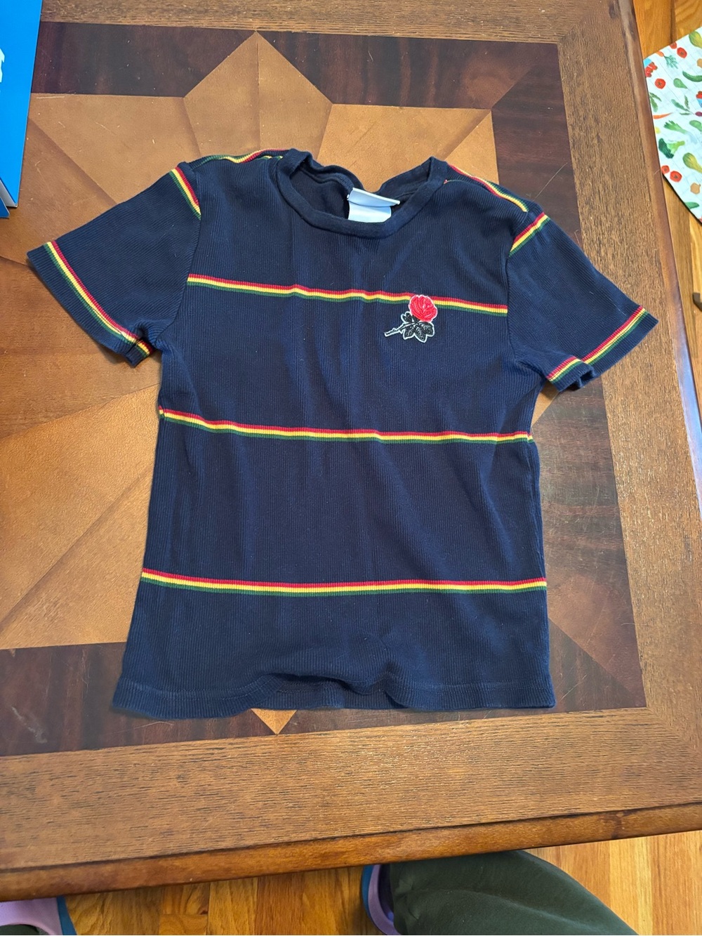 Mighty Fine Black Tee with Rainbow Stripes and Rose Patch